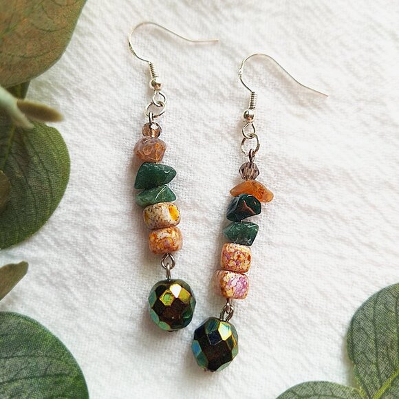 Whimsigoth Gemstone Earrings, Indian Agate, Czech Glass & Porcelain Beads, Earth - Picture 1 of 8